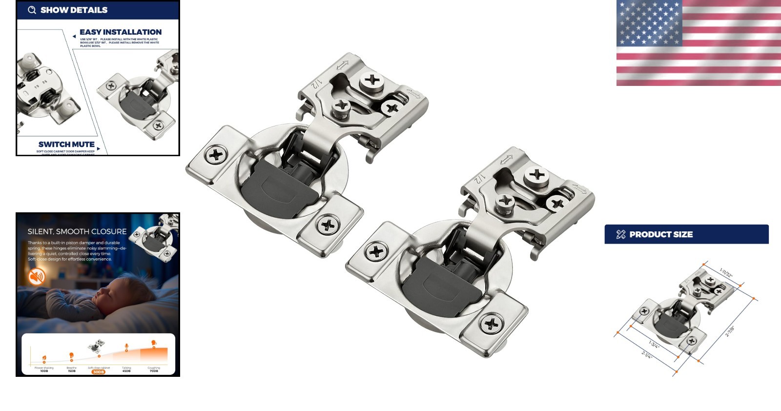 Concealed Brushed Nickel Cabinet Hinges - 60 Count Soft Close, Adjustable Design