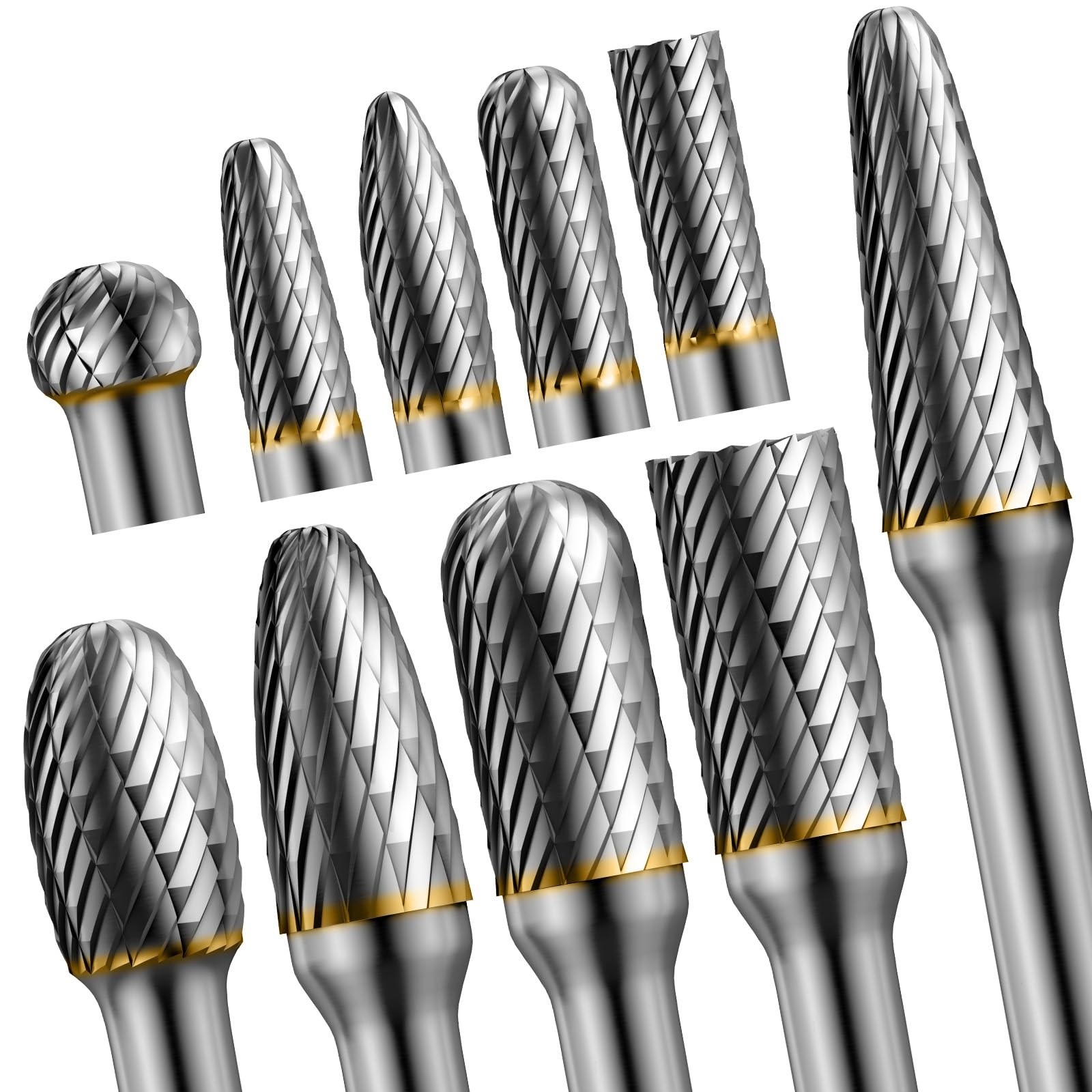 10pcs Die Grinder Bits w/ 1/4" Shank, Tungsten Carbide Burr Set for Metal Steel