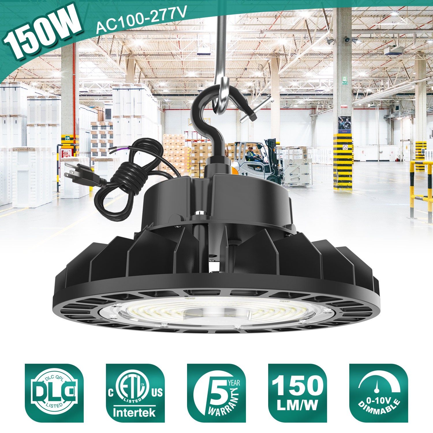 150W Led UFO High Bay Light Dimmable Commercial Warehouse Led Shop Light 22500lm