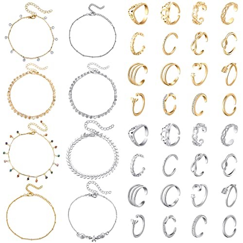 40 Pcs Anklets and Toe Ring Set for Women Chain Layered Anklets Toe Rings
