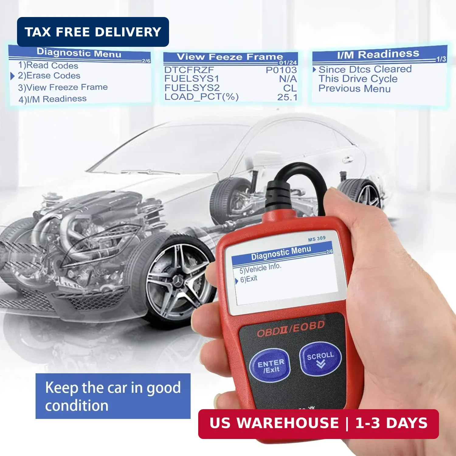MS309 OBD2 Scanner Check Car Engine Light Fault Code Reader, Universal OBDII Dia