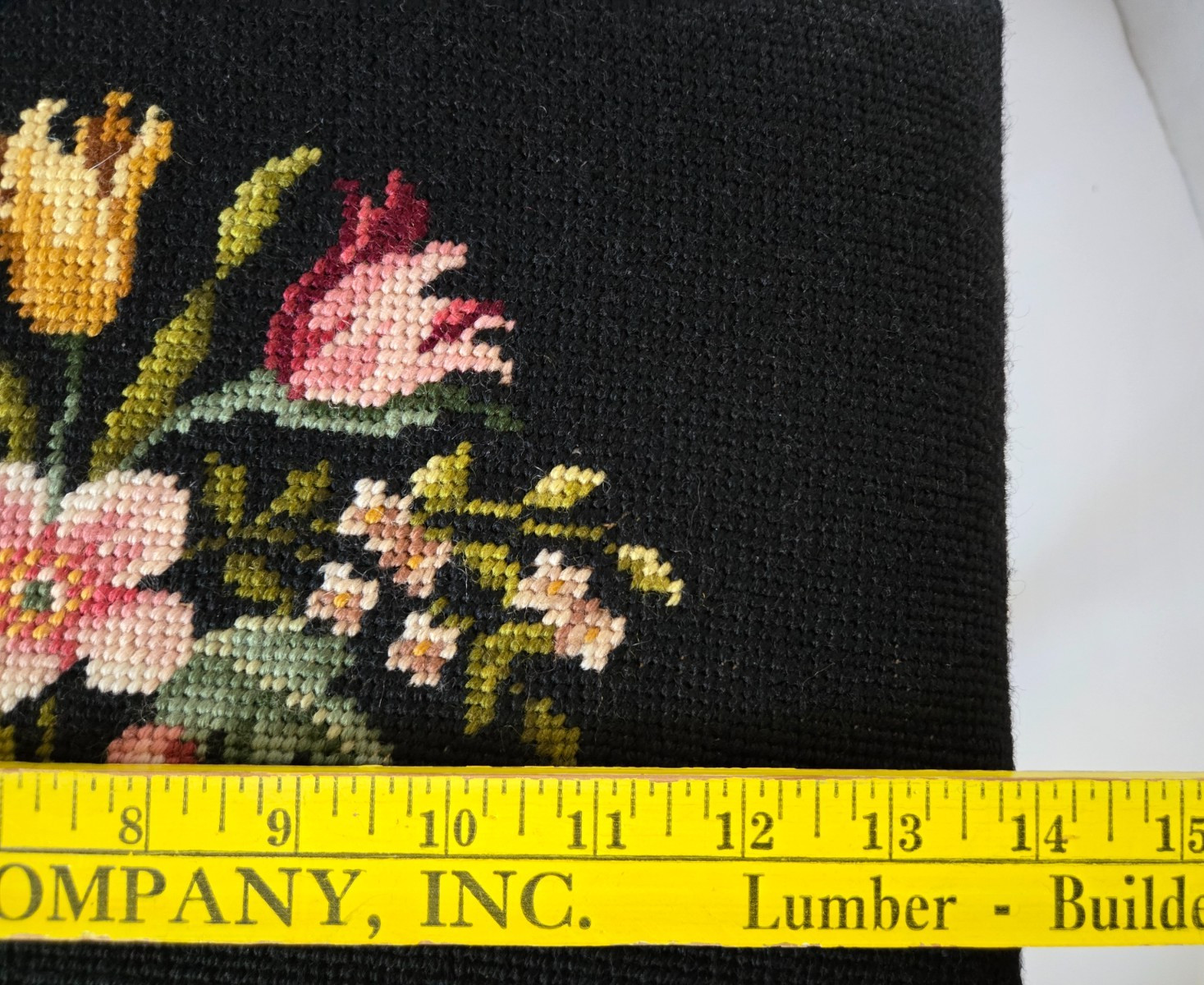 Vtg Floral Needlepoint Footstool Wool Rectangular Victorian Flowers Black 14.5”