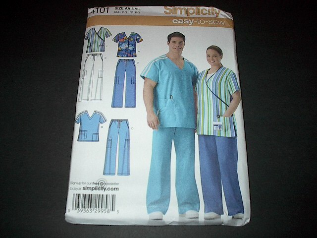 Simplicity Pattern 4101 Misses'/Men's Scrub Tops and Pants ~ Sz S, M, L  Uncut