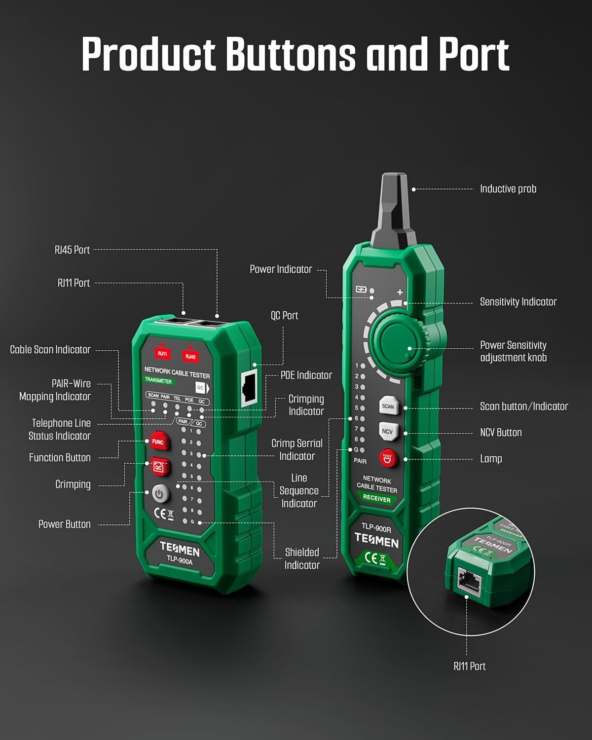 Multi-Function Network Cable Tester RJ11 RJ45 CAT5/6 POE Continuity Tracer - Gre