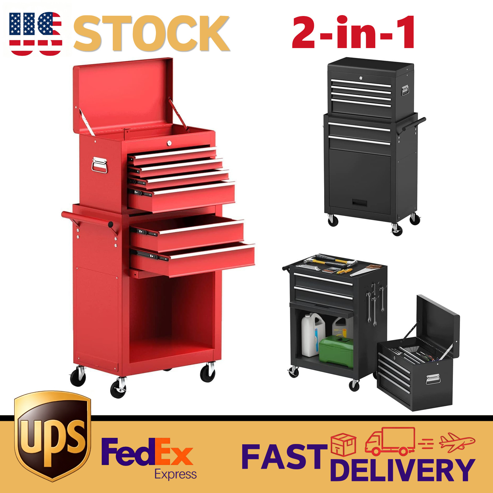 2-IN-1 6 Drawers Rolling Tool Storage Chest Cabinet High Capacity w/ Lock Wheels