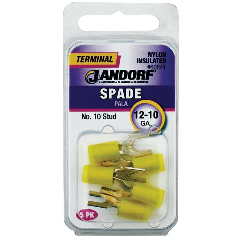 Jandorf 60841 Spade Terminal, 600 V, 12 to 10 AWG Wire, #10 Stud, Nylon Insulati