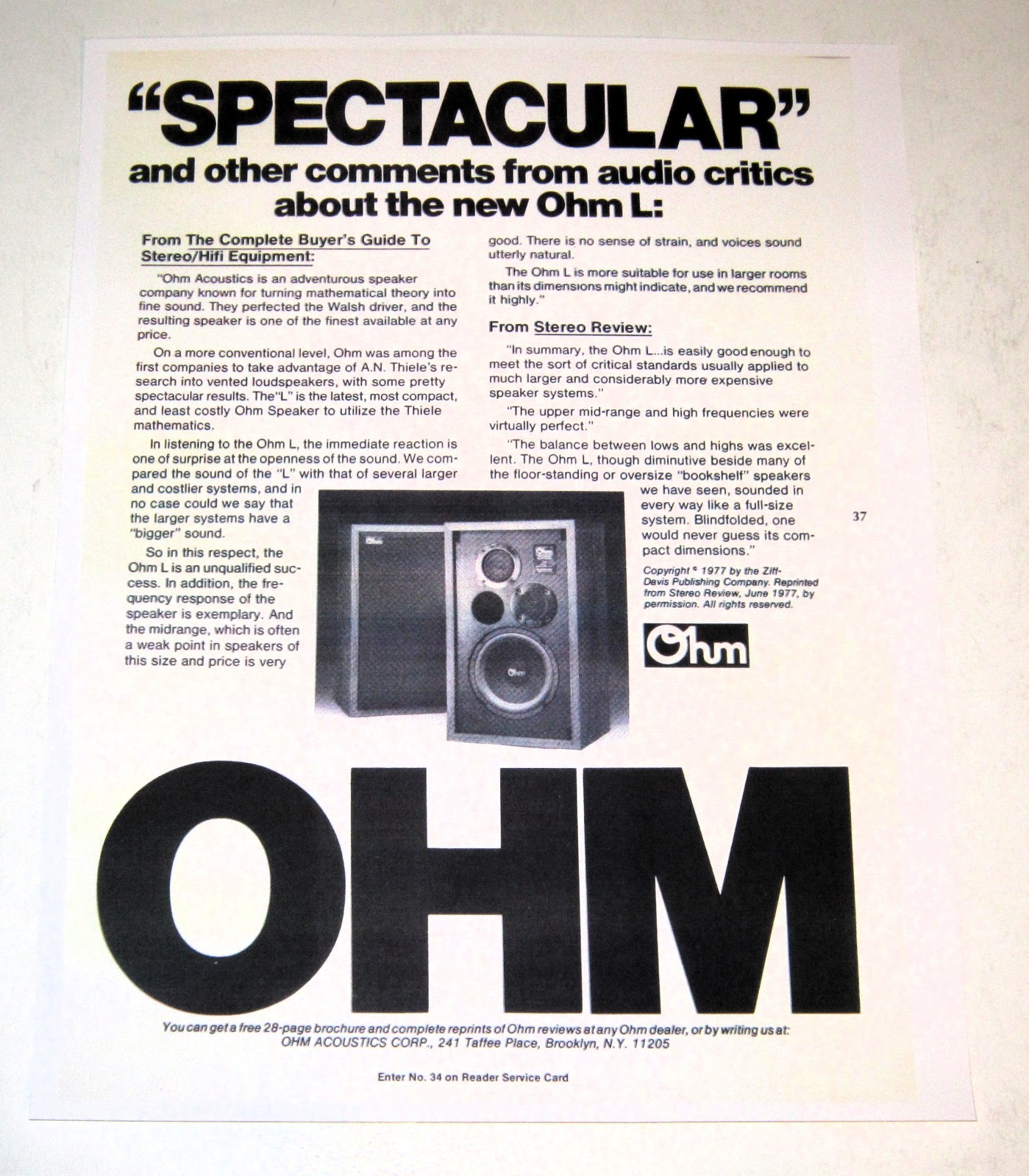 OHM L 3 way Bookshelf Speaker Ad, 1 page, 1977, Article, Info
