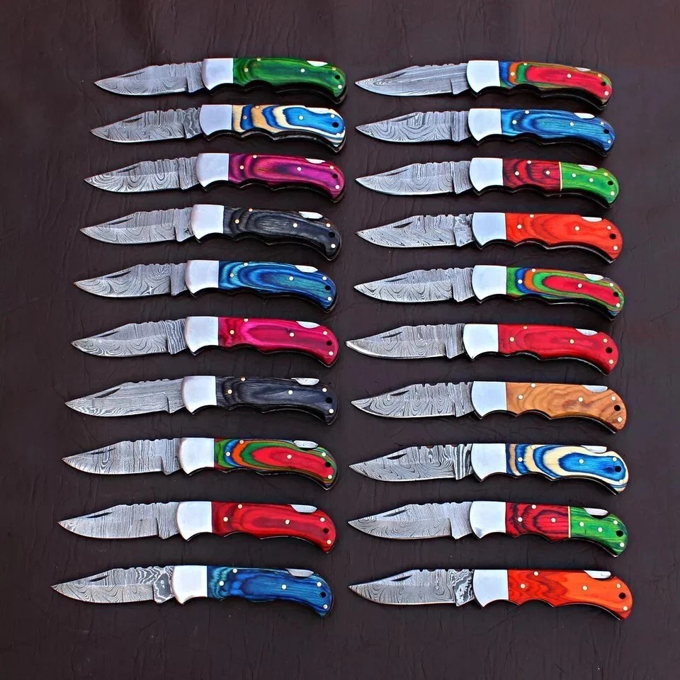 LOT of 20, Damascus Steel Folding Camping Pocket Knives W/ Leather Sheaths (WPX)