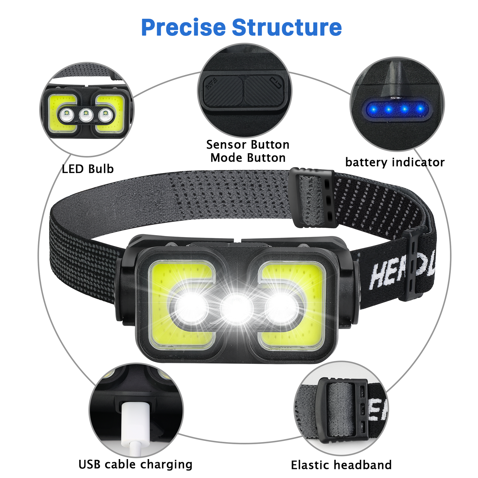 COB LED Headlamp Headlight Flashlight Torch USB Rechargeable Waterproof Sensor