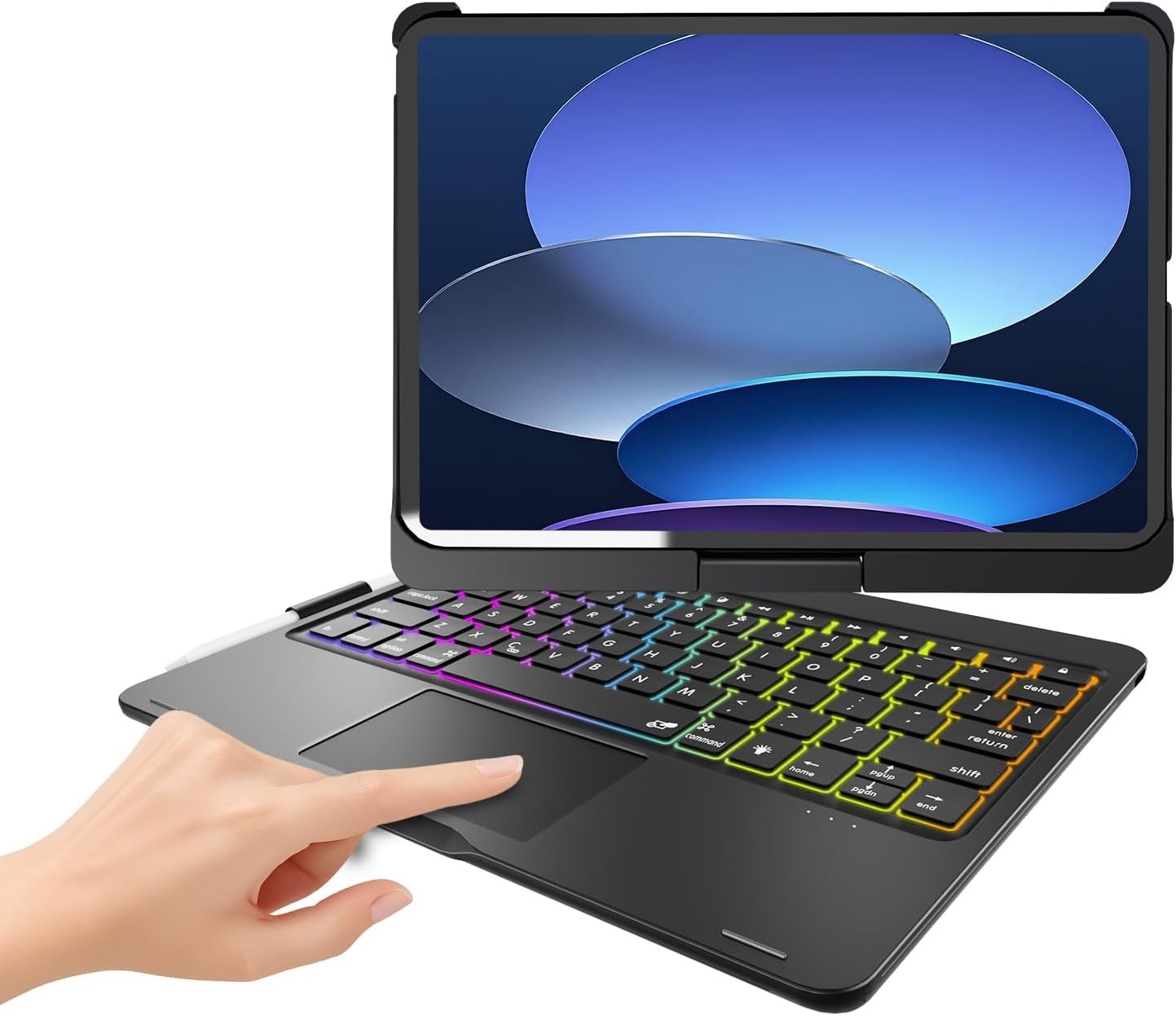 BABG iPad Keyboard Case w Touchpad 360 Swivel Rainbow Backlit Black