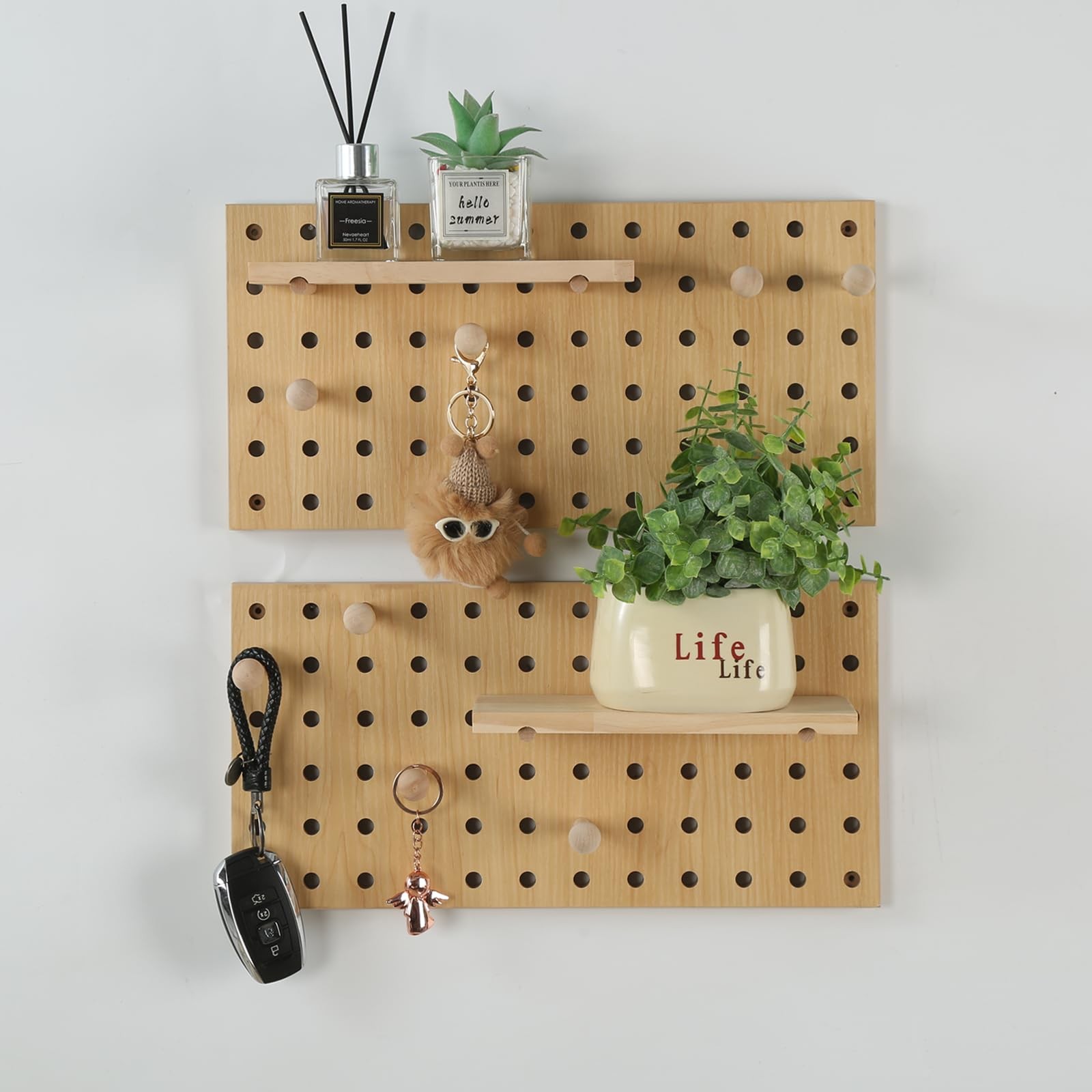 2 Pack Beige Wooden Pegboard Modular Wall Organizer Includes Hooks & Shelf