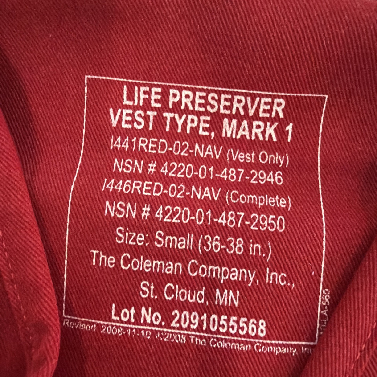Sterns Flight Deck Life Vest Red Small MK 1 Shell Only