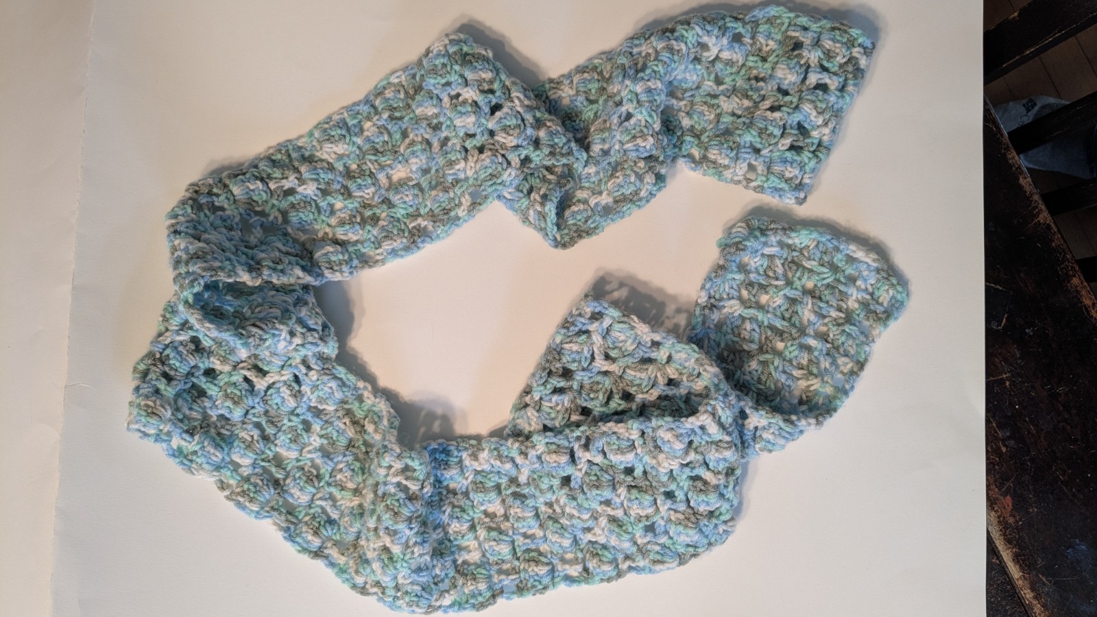 7 ft long Handmade Crochet Scarf Blue White Green Soft Yarn Winter Accessory
