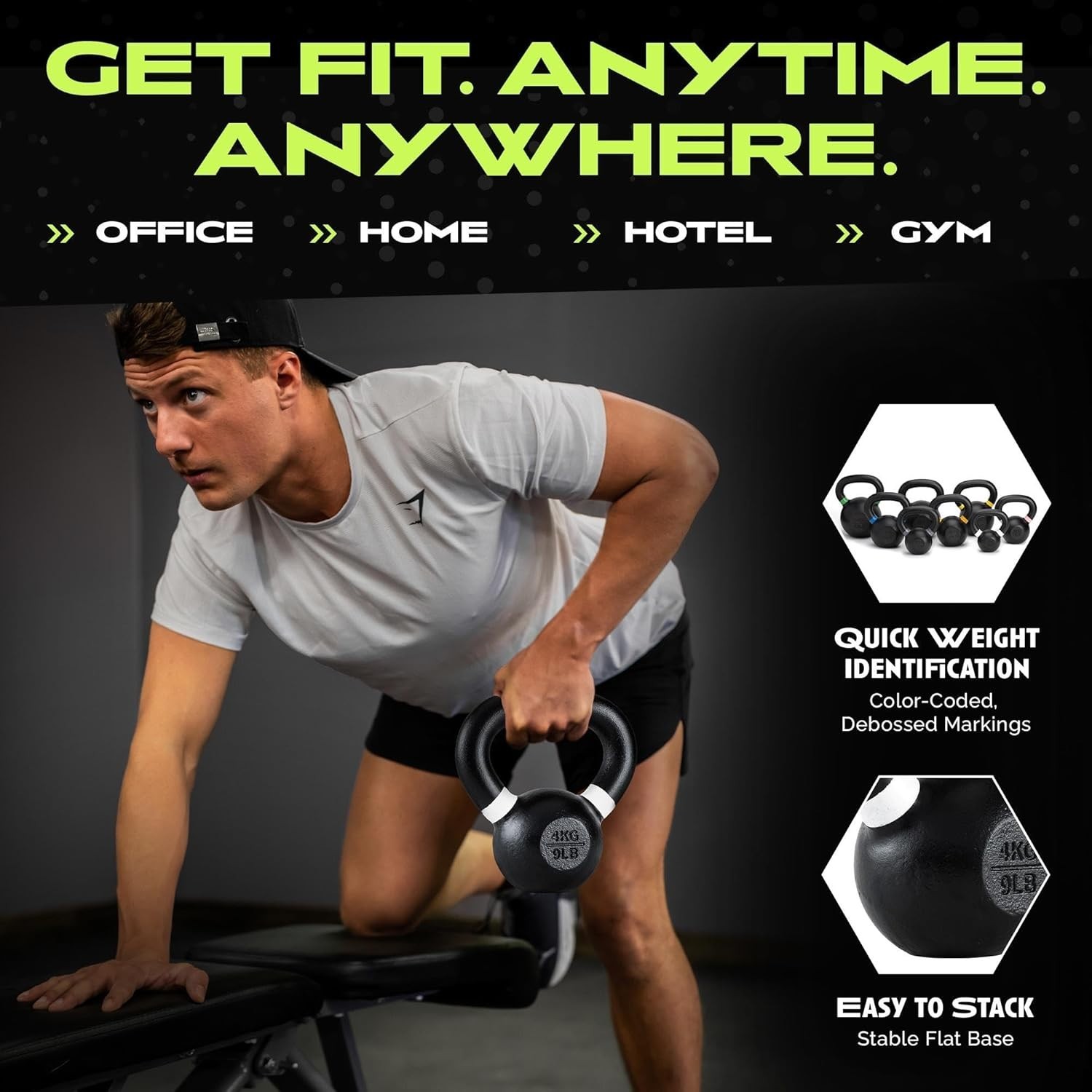 Single Cast Iron Kettlebell | Powder Coated - Wide Handle Weights for Core & ...