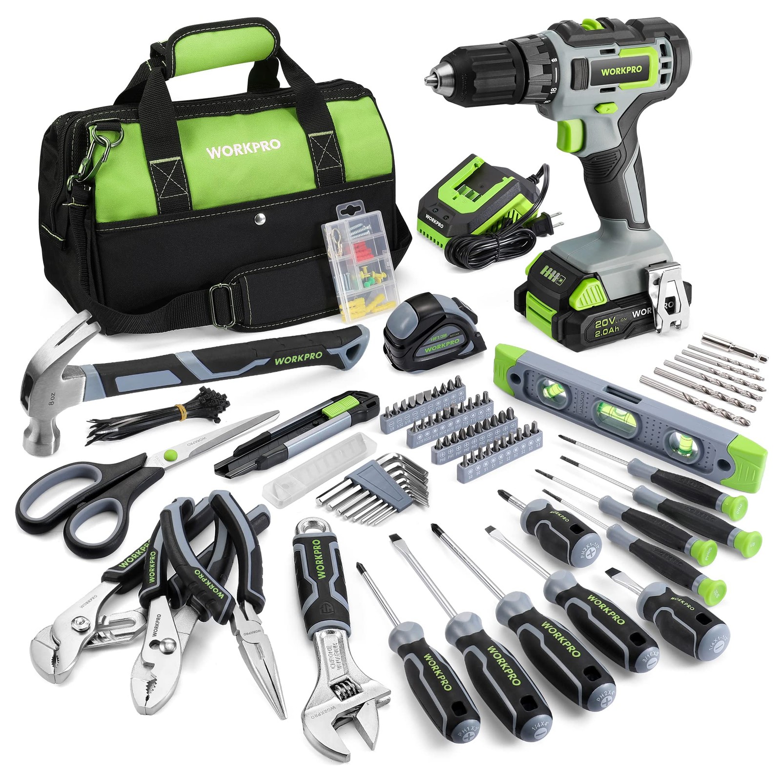 WORKPRO Home Tool Set with 20V Cordless Drill, Household Repairing Grey