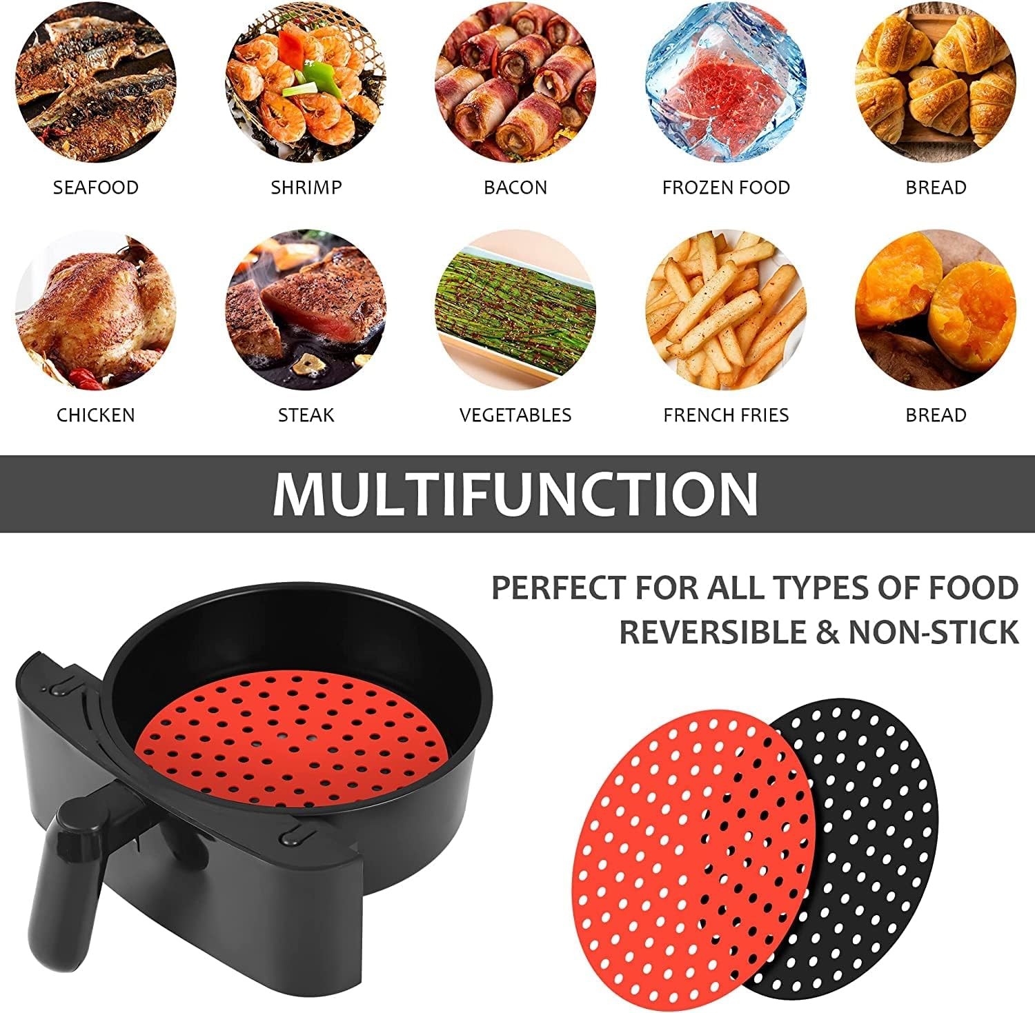 Reusable Air Fryer Silicone Liners 2-Packs, 8 Inch Round 8 inch, Black/Red