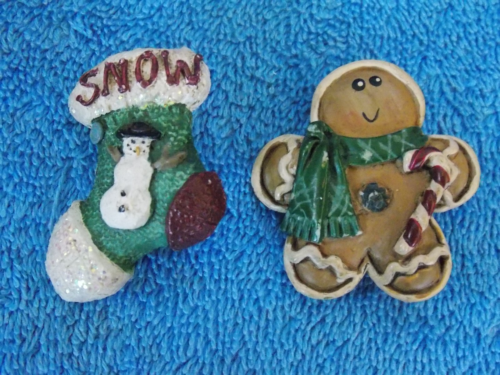 Set Of 2 Snowman Christmas Stocking & Gingerbread Man Christmas Pin / Brooch