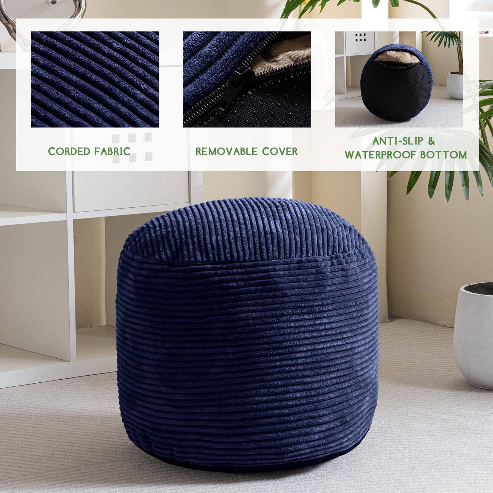 Round Stuffed Pouf Ottoman, Corduroy Poufs with Foam Chunk Filling, Furry and...