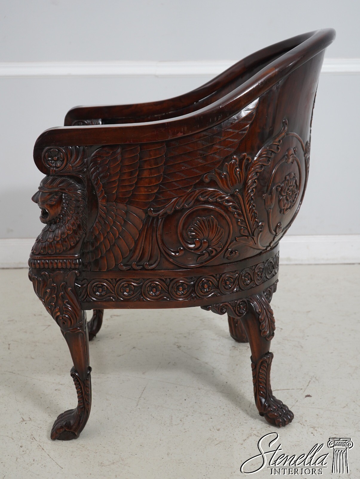 F62511EC: Monumental Ornately Carved Throne Chair w. Upholstered Seat