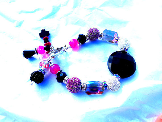 Bracelet Huge Gem Charm Hot Pink Agates Kashmiri Shell Metal Mesh Rhinestone 8"