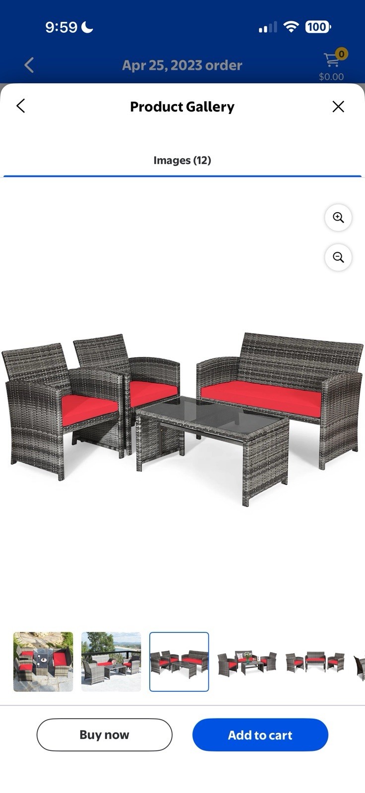 Costway 4PCS Patio Rattan Conversation Glass Table Top Cushioned Sofa Red