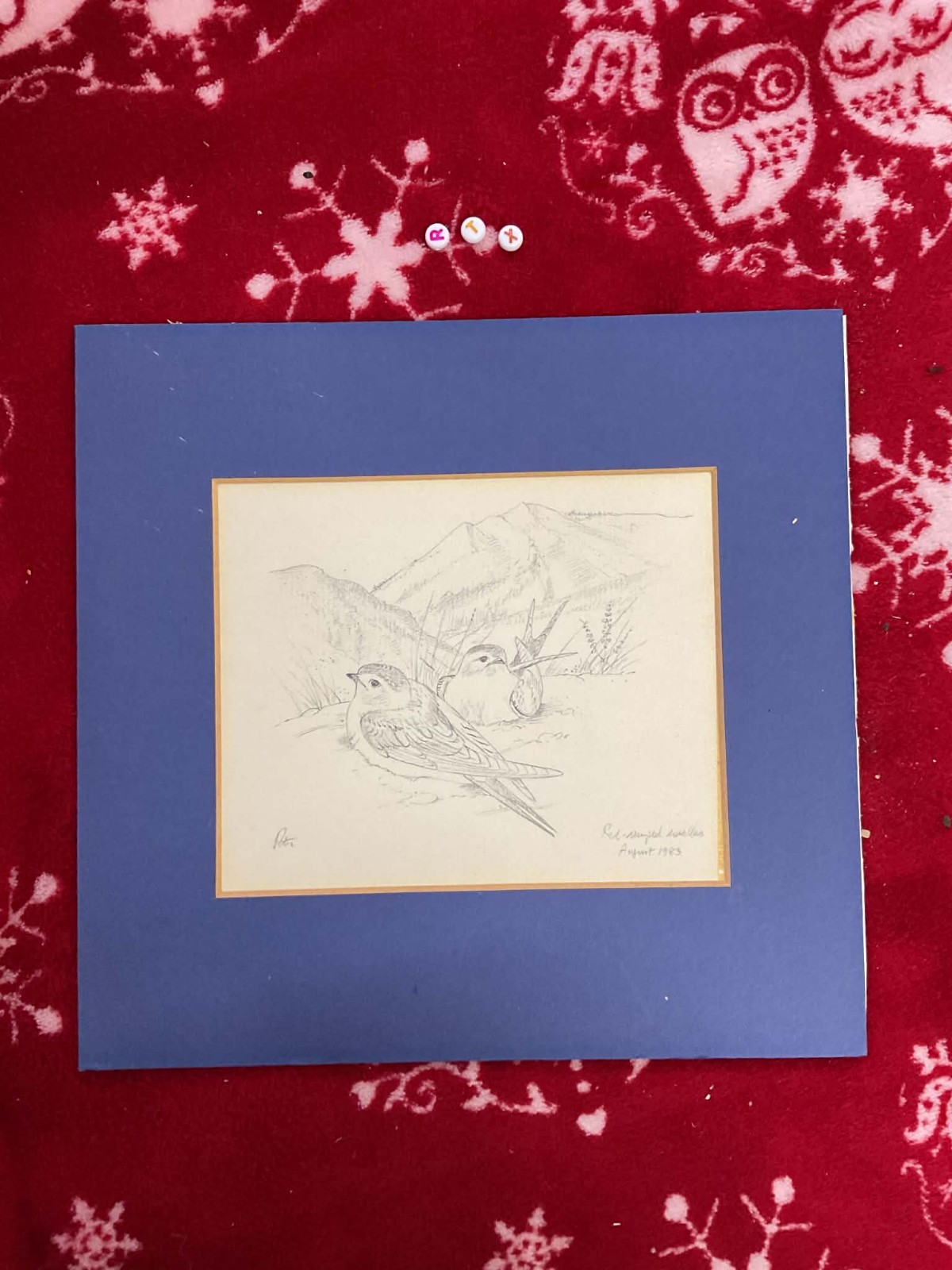 1983 Hand Drawn RED WING SWALLOWS mounted Sketch