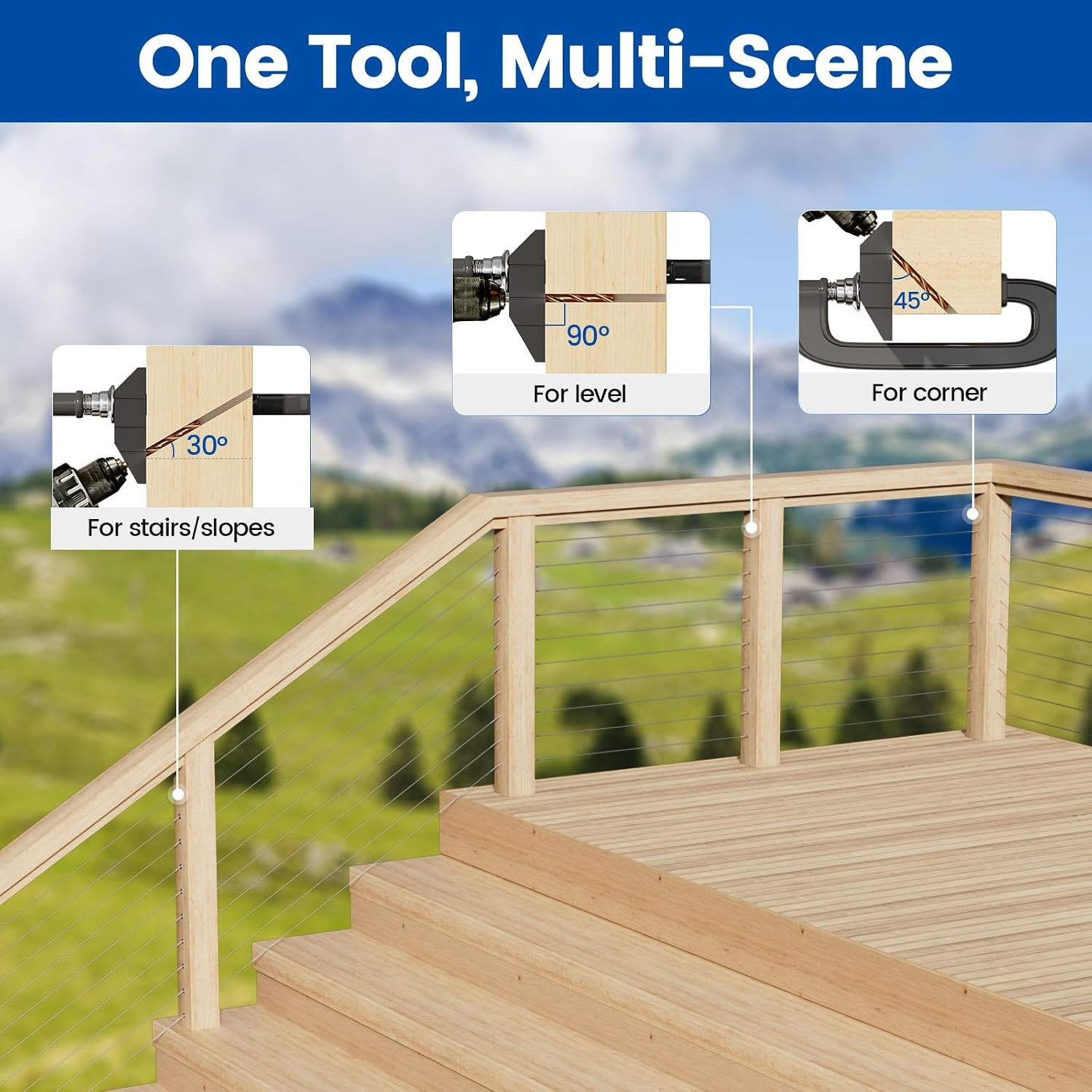 Upgraded Multi-Angle Cable Railing Drill Guide Jig Black CT24 | 30°/45°/90° Dril