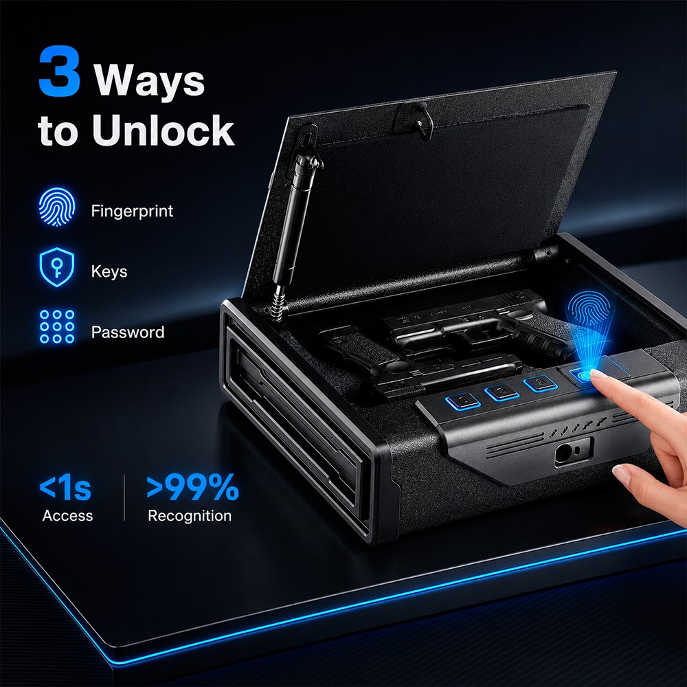 Portable Compact Pistol Safe 3-In-1 Biometric Fingerprint Password Handgun Case