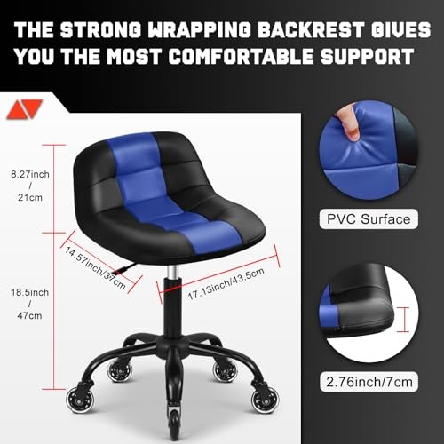 Rolling Shop Stool with Wheels, Rolling Stool with Back Support, 360° Blue