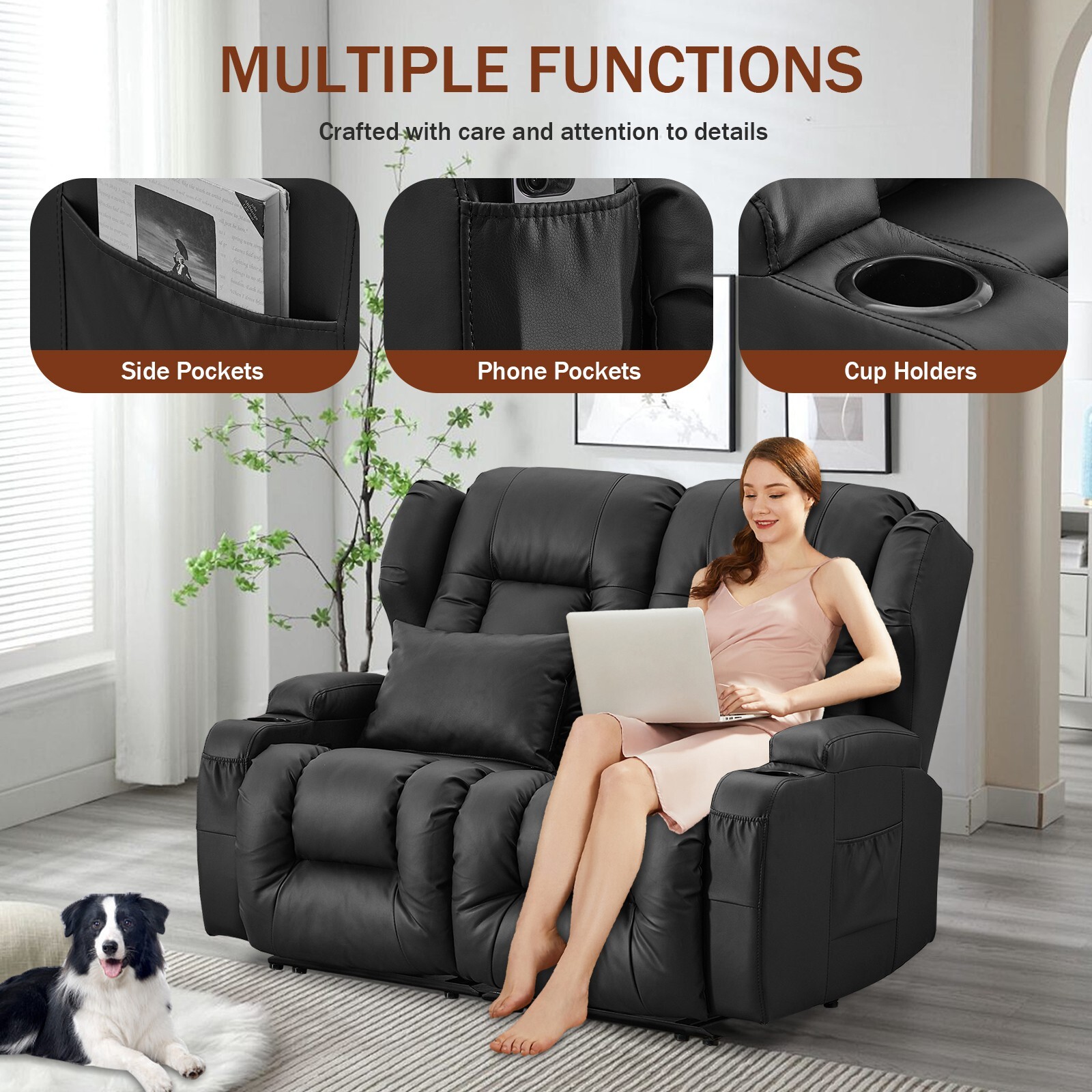 Loveseat Recliner Chair Faux Leather Modern Reclining Sofa Home Theater Seating