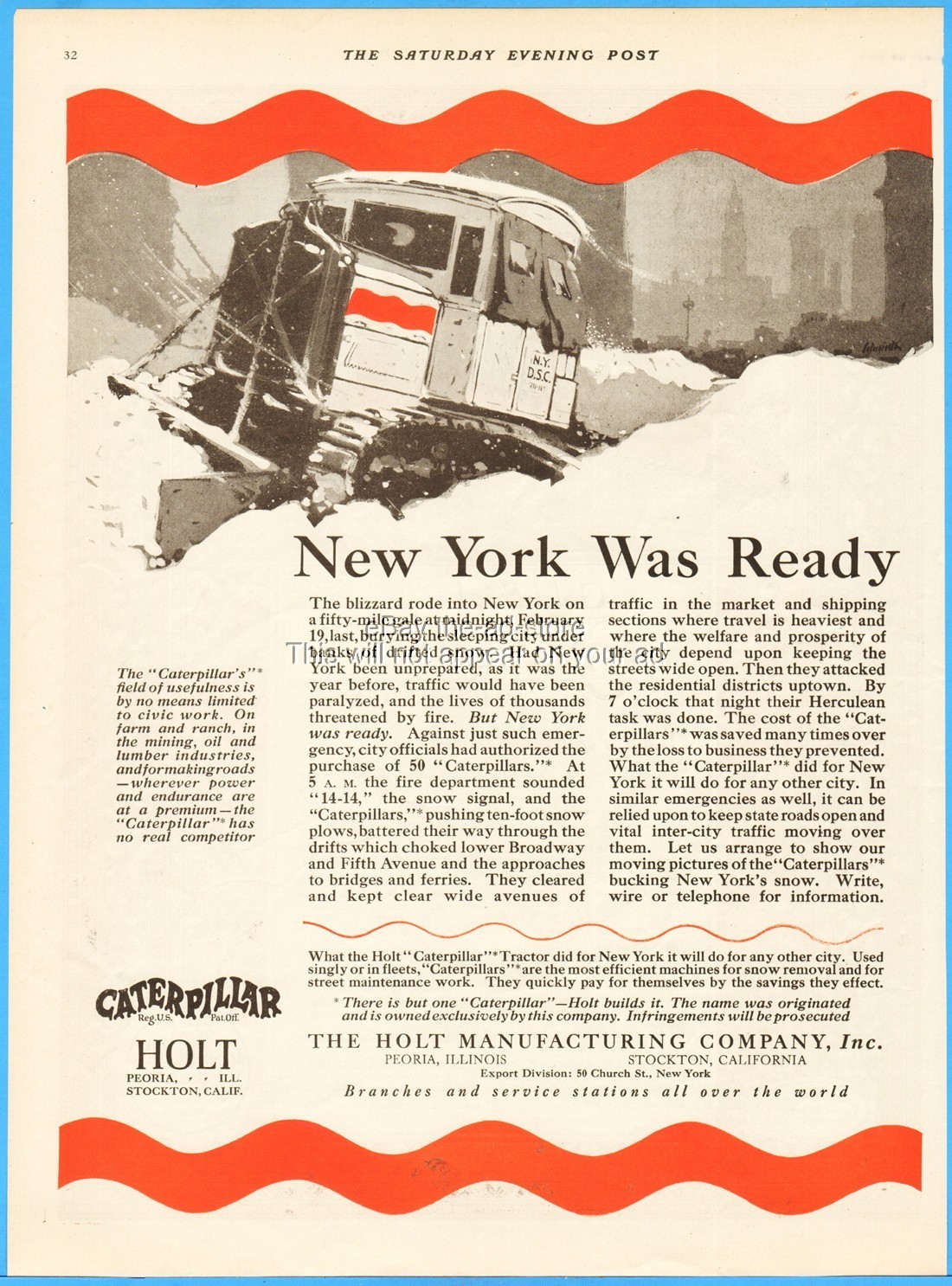 1921 Caterpillar Crawler Tractor Holt Peoria IL Stockton CA New York Blizzard Ad