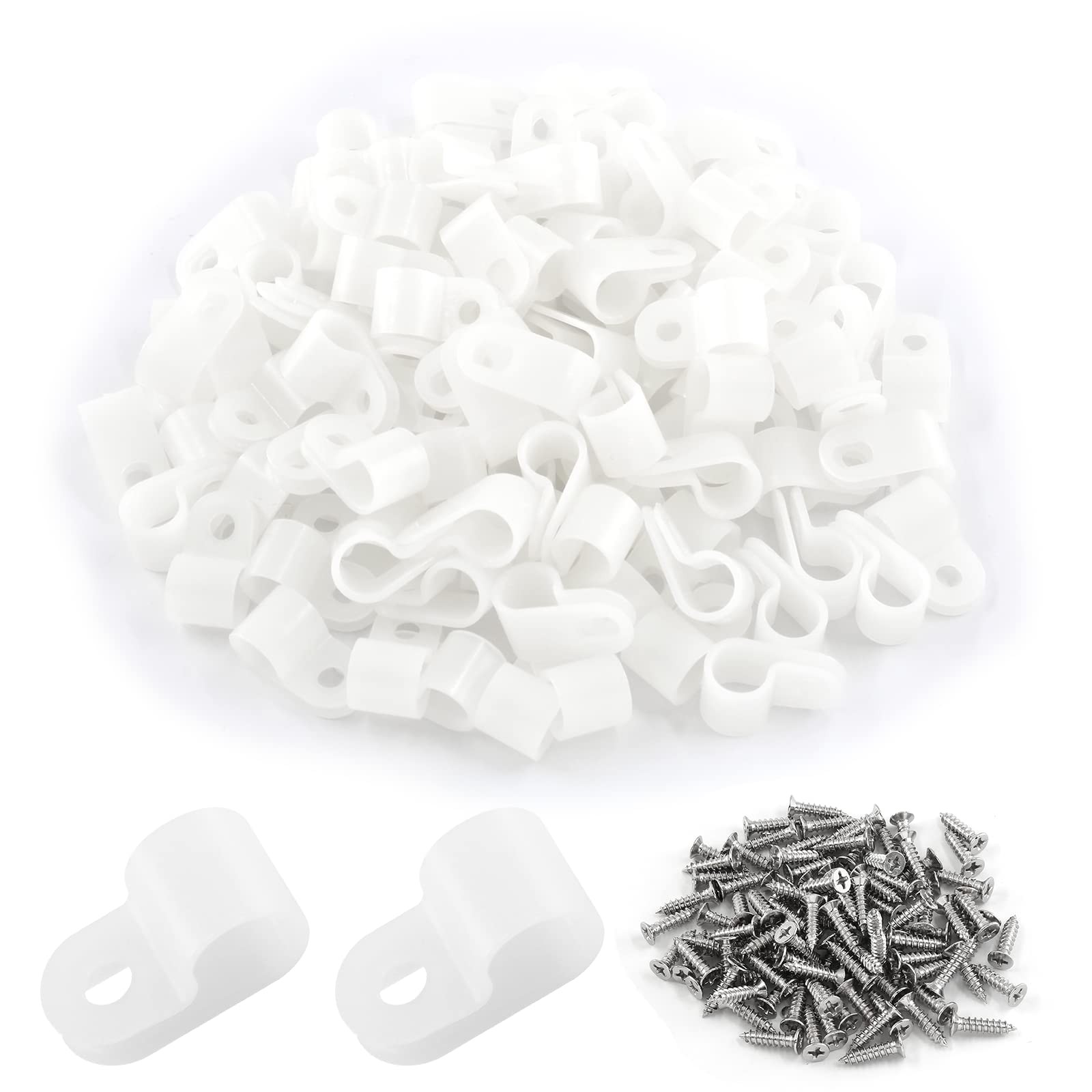 R-Type White Wire Clamp 100 Pack 3/8 inch Nylon Clip with 100 Screws Fastener