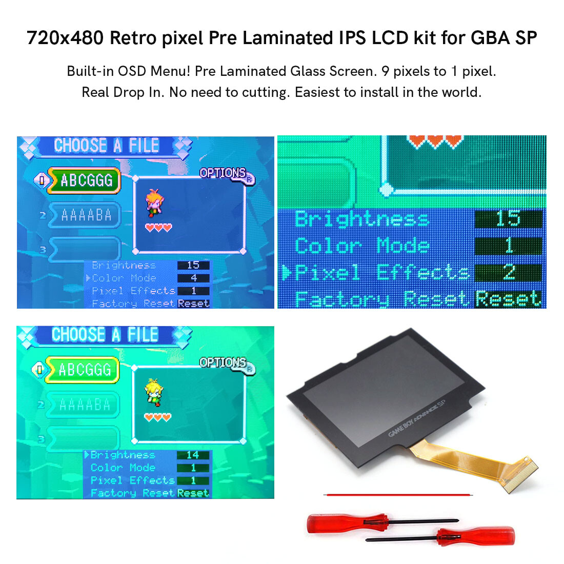V5 Drop In 720x480 Pre-Laminated Retro Pixel IPS LCD Screen + Shell For GBA SP