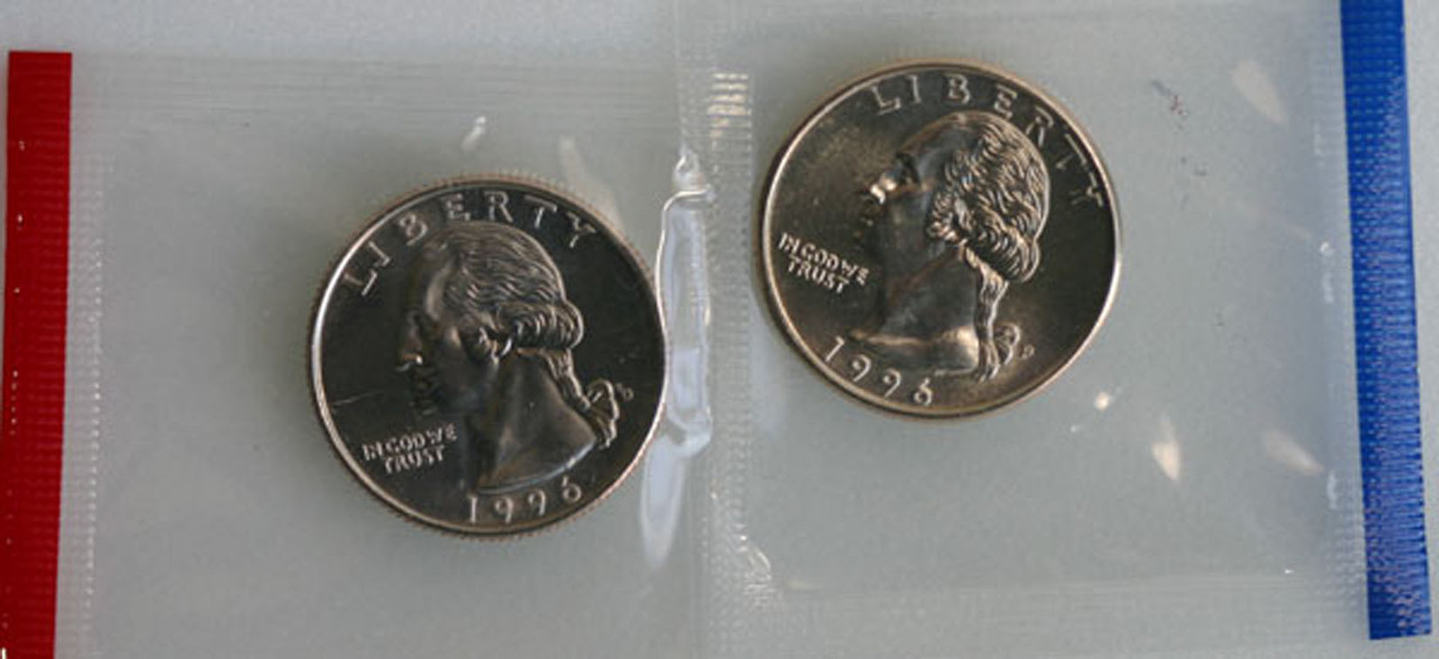 1996 P and D Washington Quarter TWO Coins from US Mint Uncirculated Set BU Cello