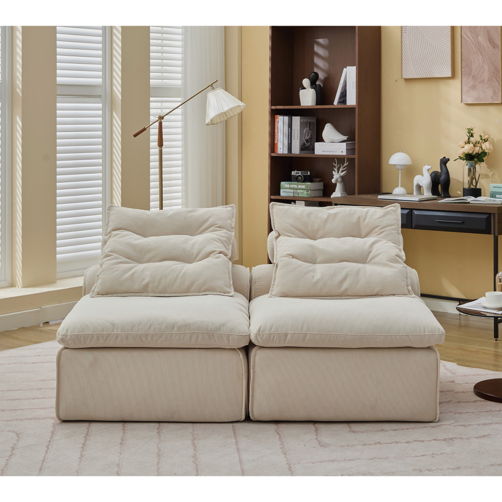 4-Piece Armless Corduroy Modular Sofa w/ Neck & Lumbar Pillows, Beige & Black