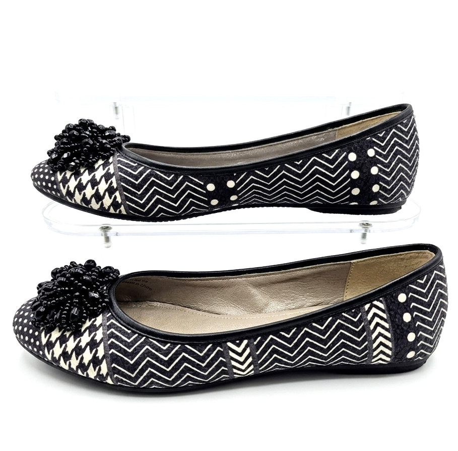 J Renee Geezelouise Black White Beaded Ballet Flats Slip On Shoes Womens 9.5W
