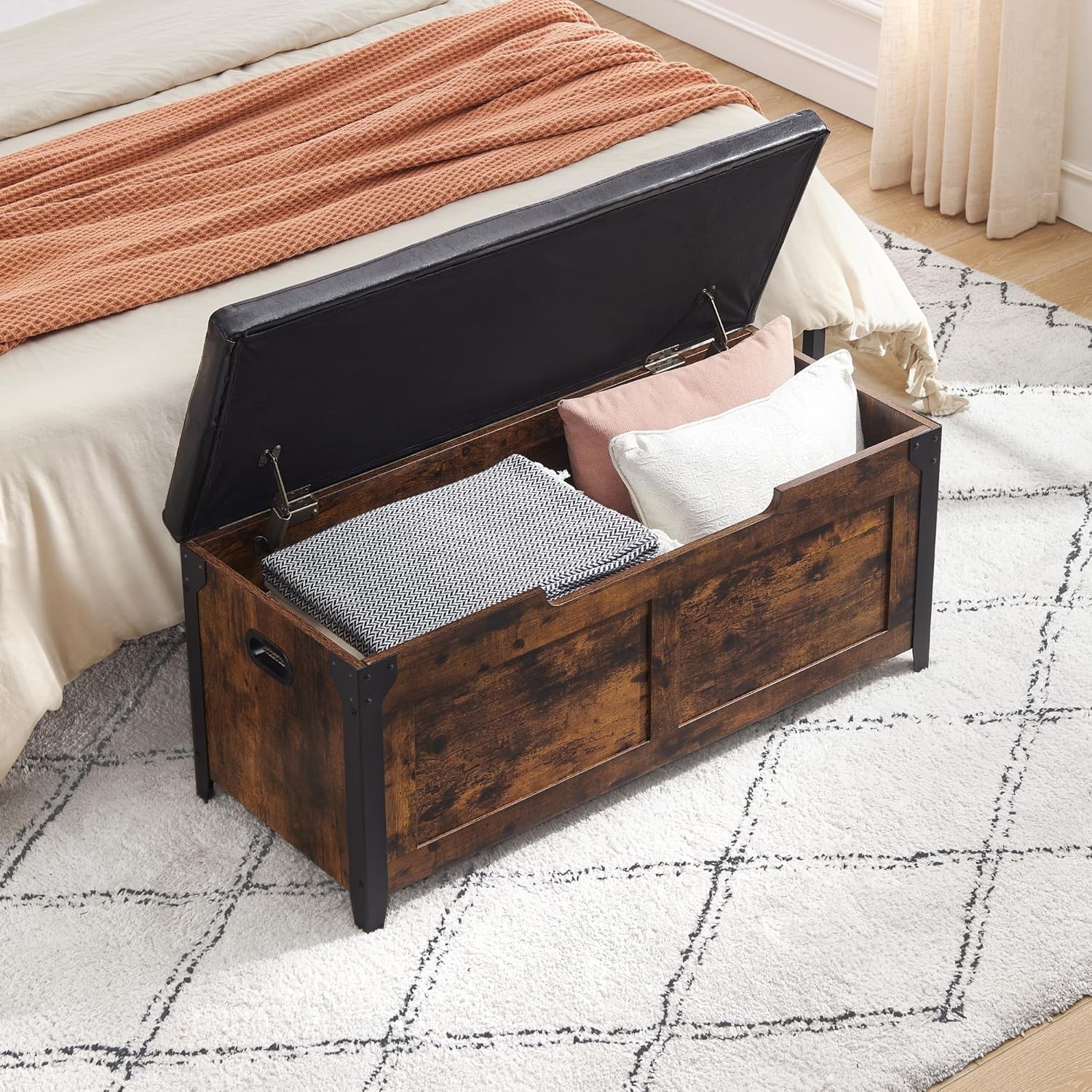 Wooden Storage Chest w Metal Frame Bench Toy Box Farmhouse Style w Safety Hinge