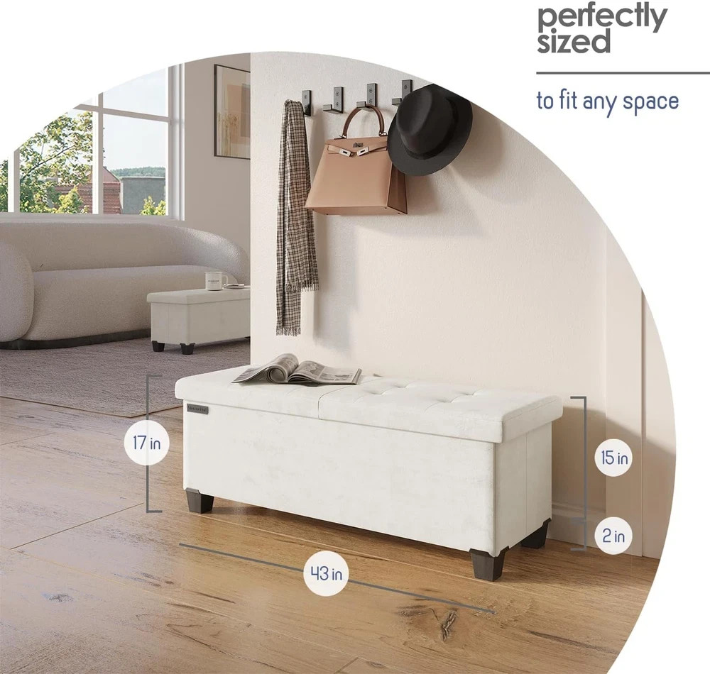 Beige Storage Ottoman Bench with Bins - 43" Folding Foot Rest, Max 660lbs