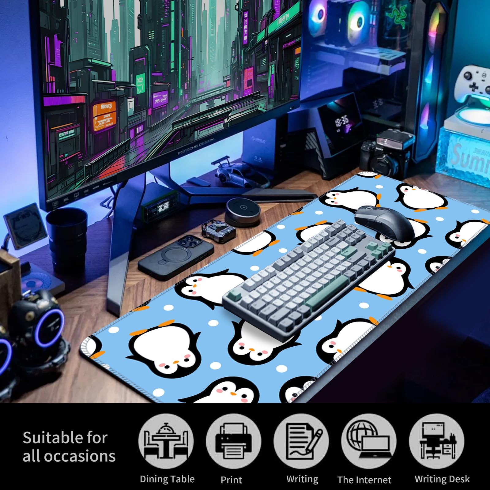ALTEKO Large Gaming Mouse Pad, Computer Mat, Funny Blue Cute Penguins