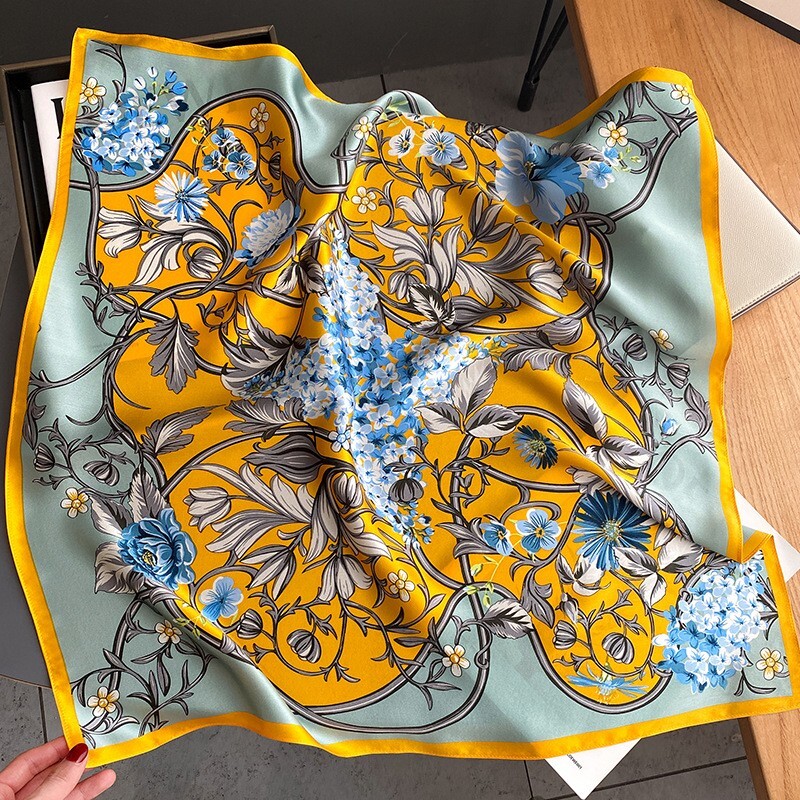 100% Mulberry Silk 27" Square Scarf Women Neckerchief Wrap Vintage Yellow Flower