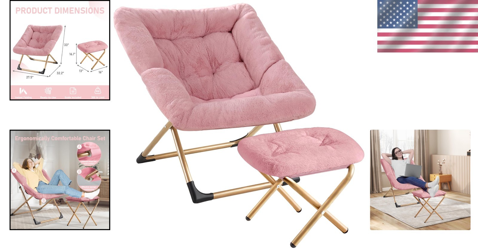 Foldable Oversized Reading Chair with Ottoman, Non-Slip Pad & Cozy Faux Fur