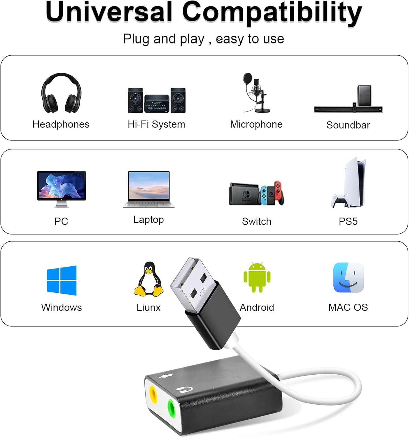USB Audio Adapter External Sound Card PC 3.5mm