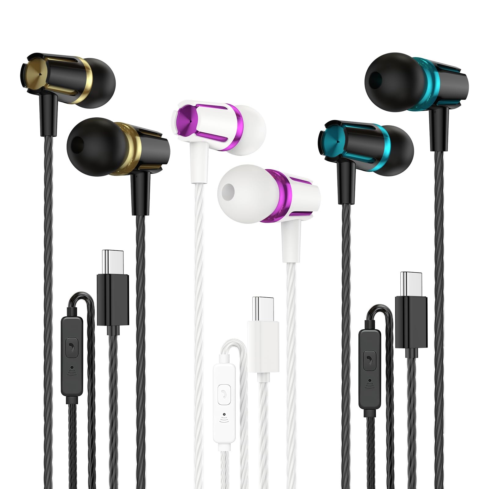 USB-C Earbuds 3-Pack Wired Mic Noise-Isolating Heavy Bass Stereo