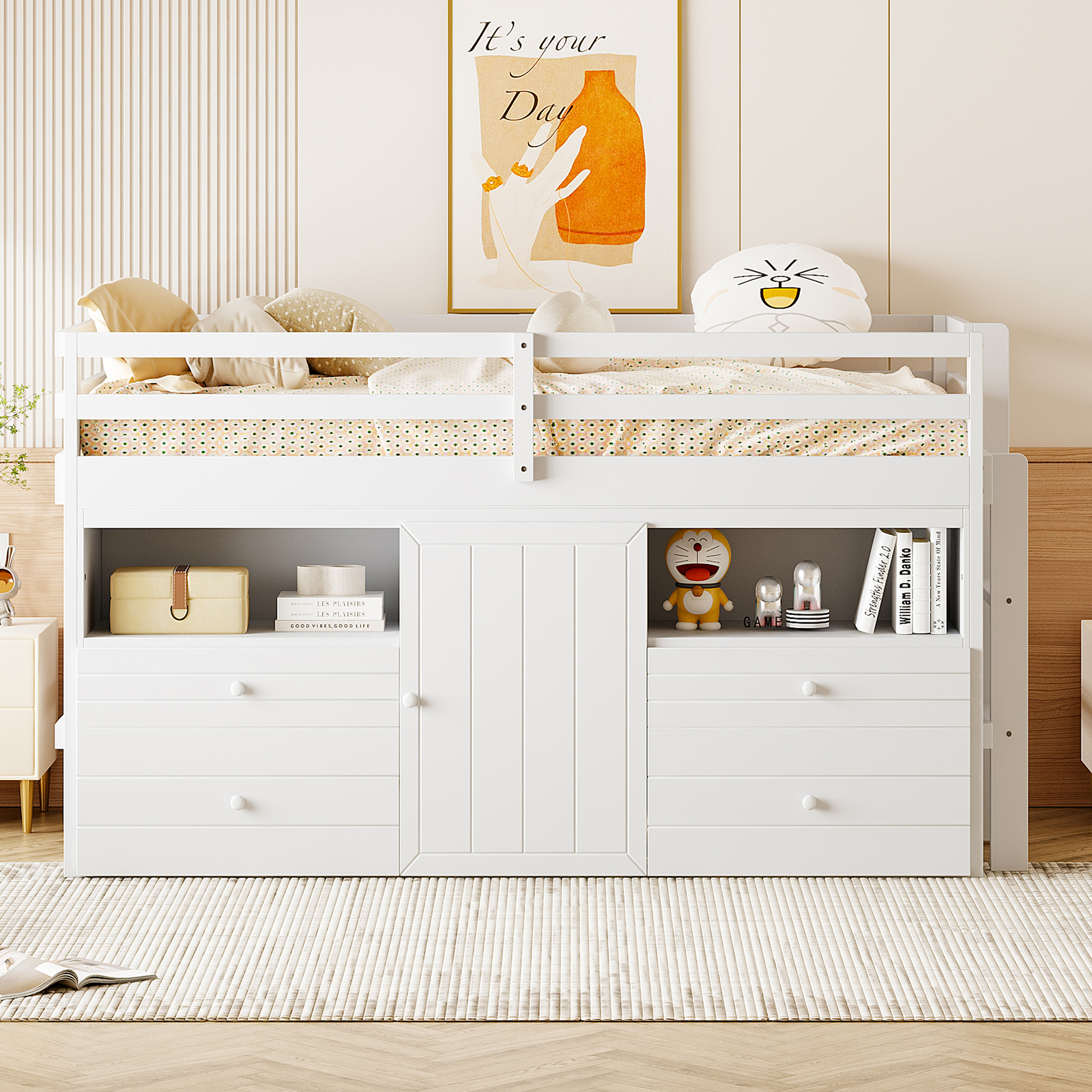 Twin Size Bed Frame Wood Loft Bed w/4 Drawers, Underneath Cabinet & Shelves