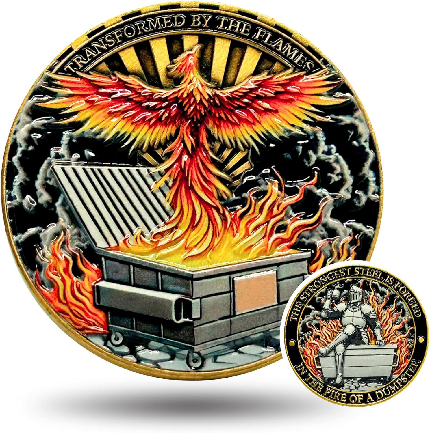 Dumpster Fire Challenge Coin - Phoenix & Knight Design - Transformed by the Flam