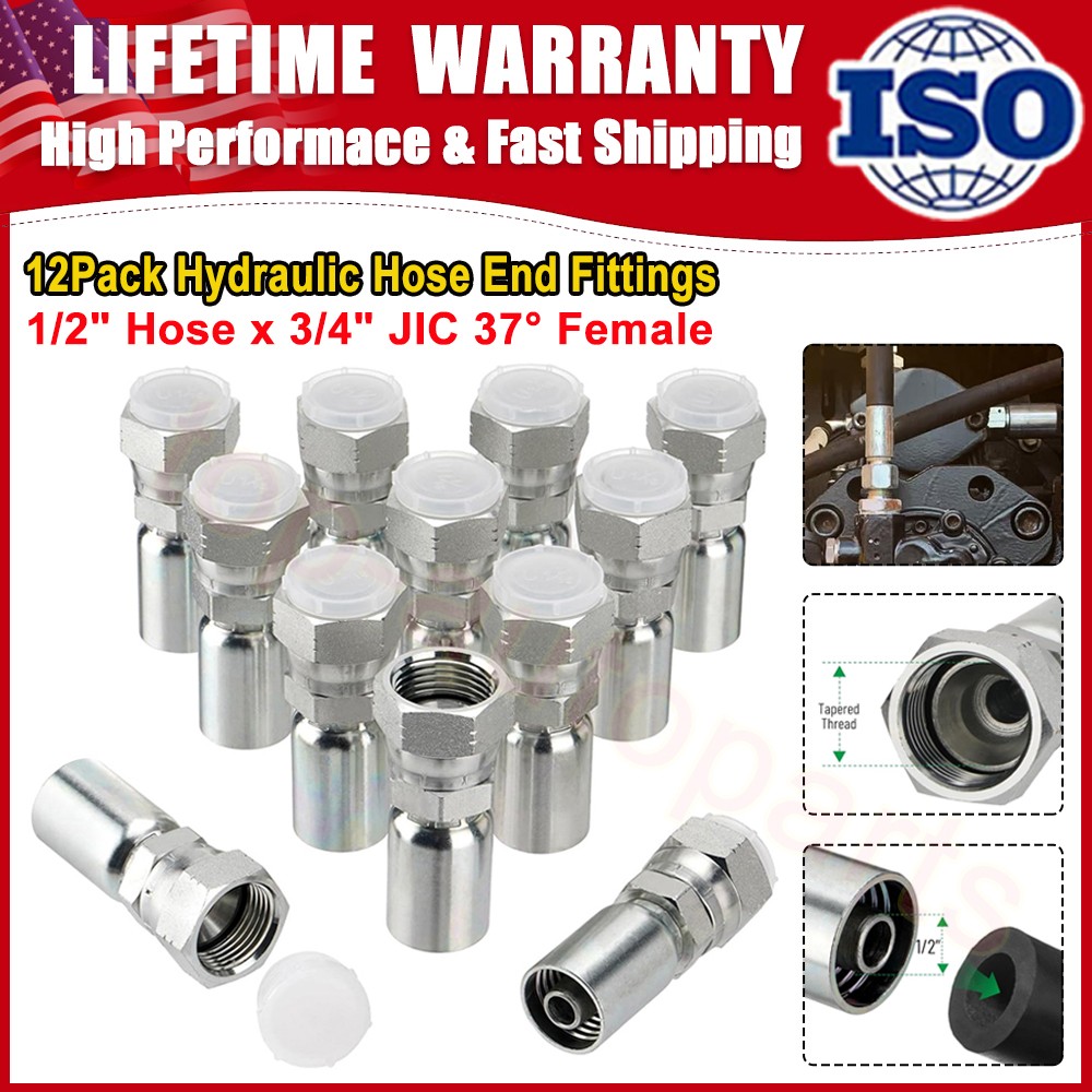 12 Pack 1/2" Hose x 3/4 JIC 37° Female Hydraulic Hose End Swivel Crimp Fittings