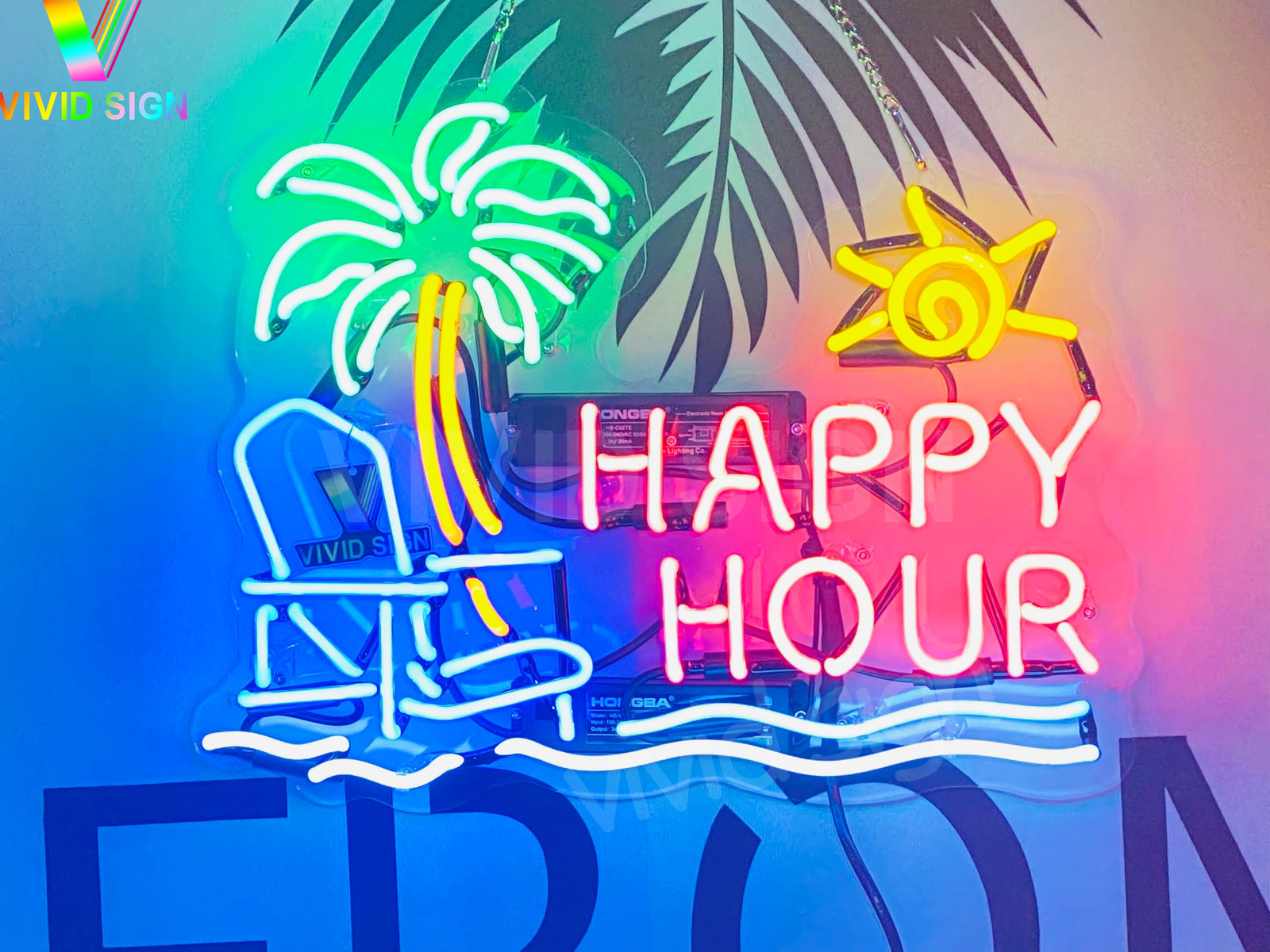Happy Hour Palm Tree Beach Acrylic 20"x16" Neon Light Sign Lamp Bar Open Decor