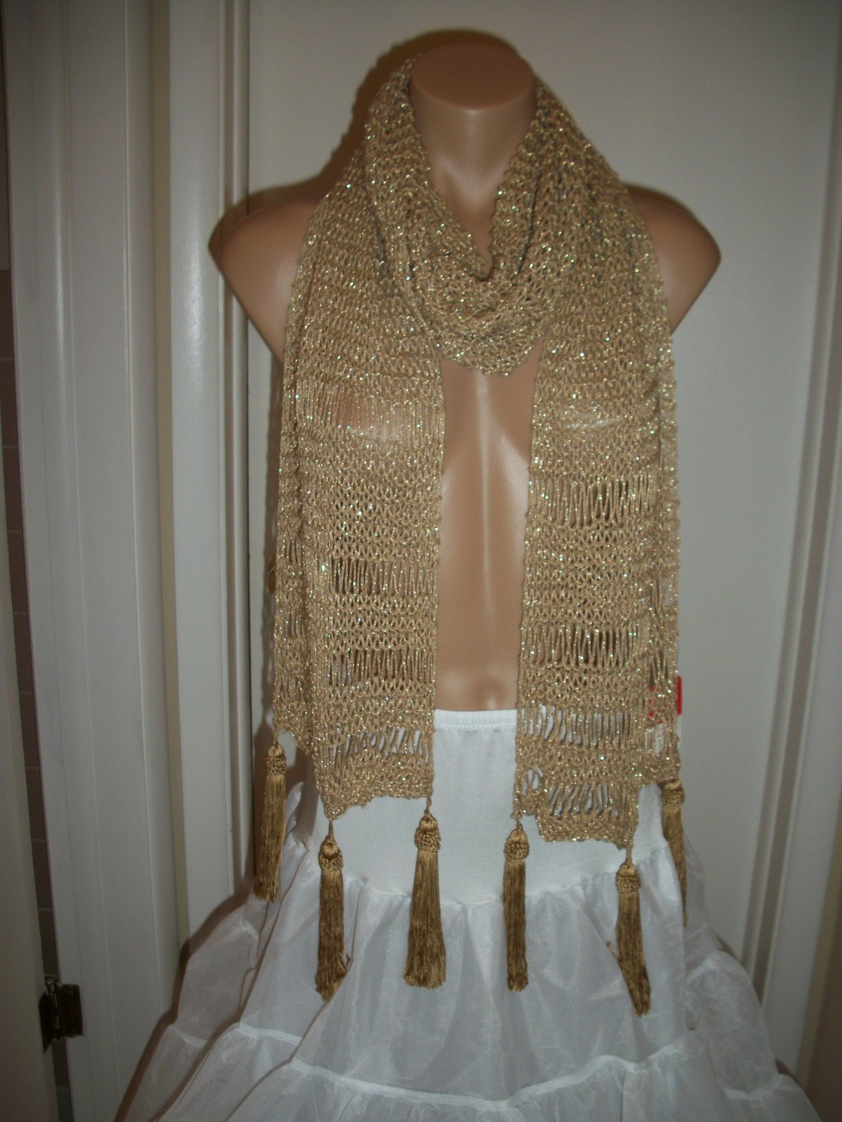 NEW - HAND KNIT CROCHET SHAWL  WRAP  SCARF GOLD W/ TASSEL SIZE 72" x 9.5" INCHES