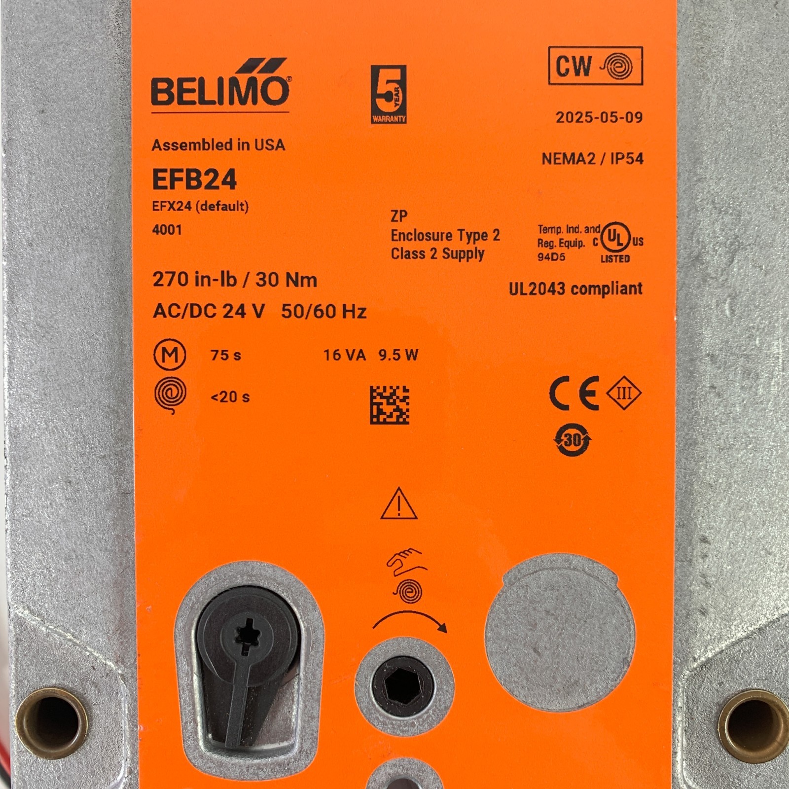 Belino EFB24 Damper Actuator 24v 270 in-lb Spring Return