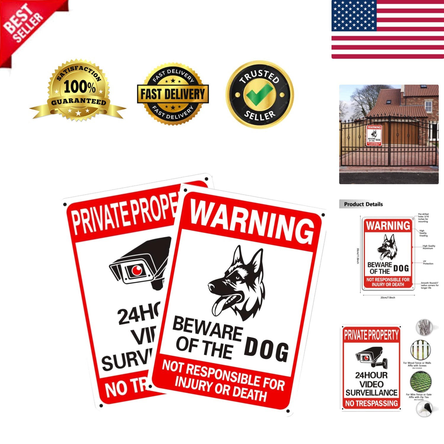 Durable 24-Hour Video Surveillance & Dog Warning Signs - Rust-Proof Aluminum